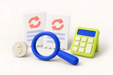 A magnifying glass over recurring receipts, beside a calculator and a coin