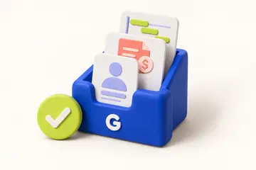 A blue file box holding a client profile, an invoice and a schedule, with a green tick