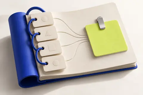 A ring-bound notebook whose session tags flow into one lime note