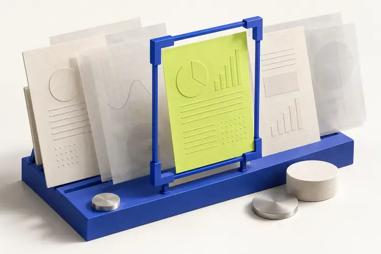 A row of design work with one piece framed in blue, the one that fits